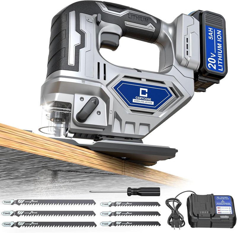 Cerycose Jigsaw Compatible With Dewalt 20v Battery, Cordless jig saw Brushless Motor, 0°- 45° Bevel Cuts, LED Light with 3 Position Orbital Setting (With 5Ah Battery & Charger Station Kit) - Image 1